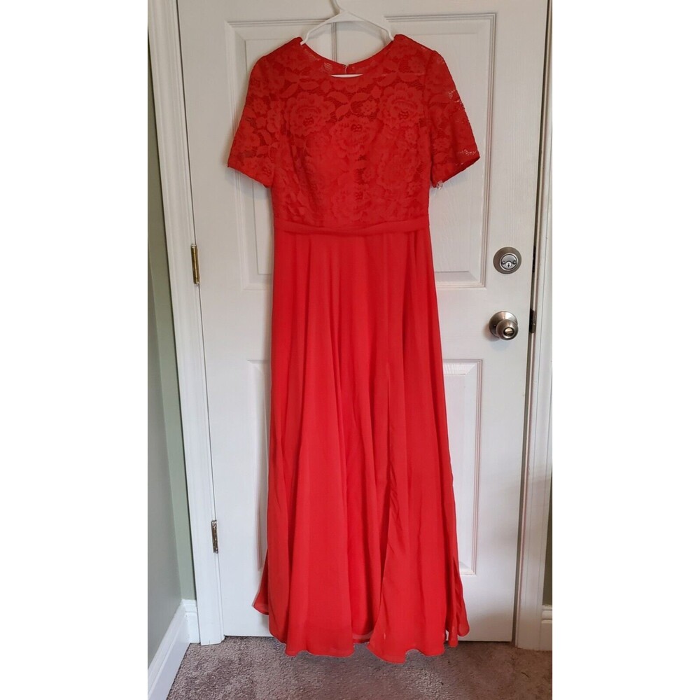 JJ'S House Womens Dress 8-10 Floor Length Formal Red Lace Bodice Short Sleeve